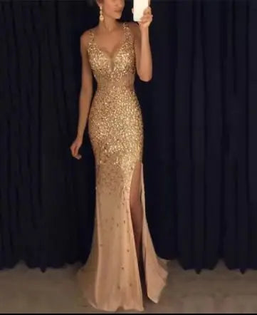 2024 Gold Plated Dress Long Dress Evening New Frock Sleeveless Formal Gown Dresses Lady Bling Sequine Wedding Evening Party - Seprincess