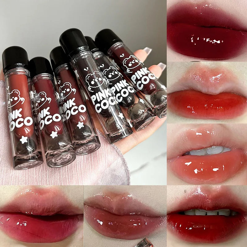 PINKCOCO Bear Doodle Mirror Lip Glaze — Long-Lasting Shiny Lip Gloss, Student-Friendly, Skin-Brightening Nude Lipstick - Seprincess