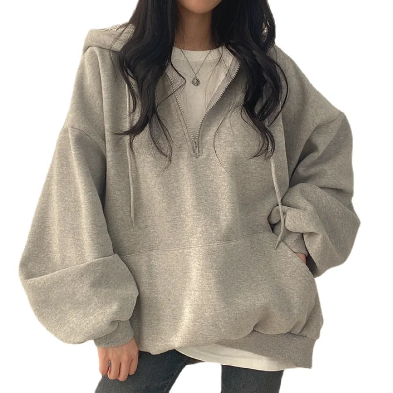 Women Hoodie Harajuku Loose Oversized Solid Color Top Half Zip Up Sweatshirt Female Casual Long Sleeve Pocket Hooded Coats 2024 - Seprincess