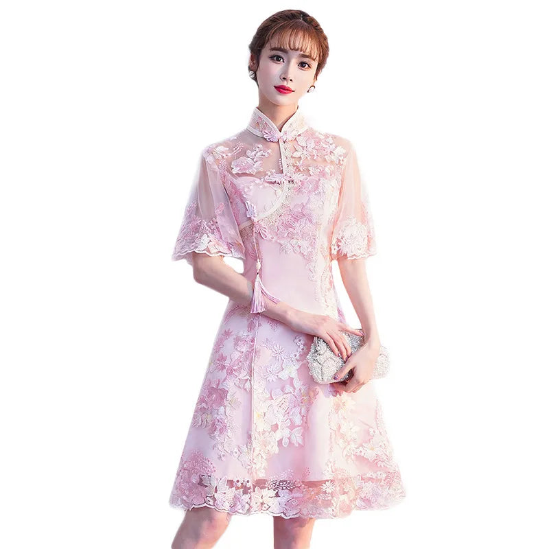 Pink Lace Embroidery A-Line Banquet Dresses Vintage Mandarin Collar Chinese Gown Cheongsam Skirt Wedding Party Dress Vestidos - Seprincess