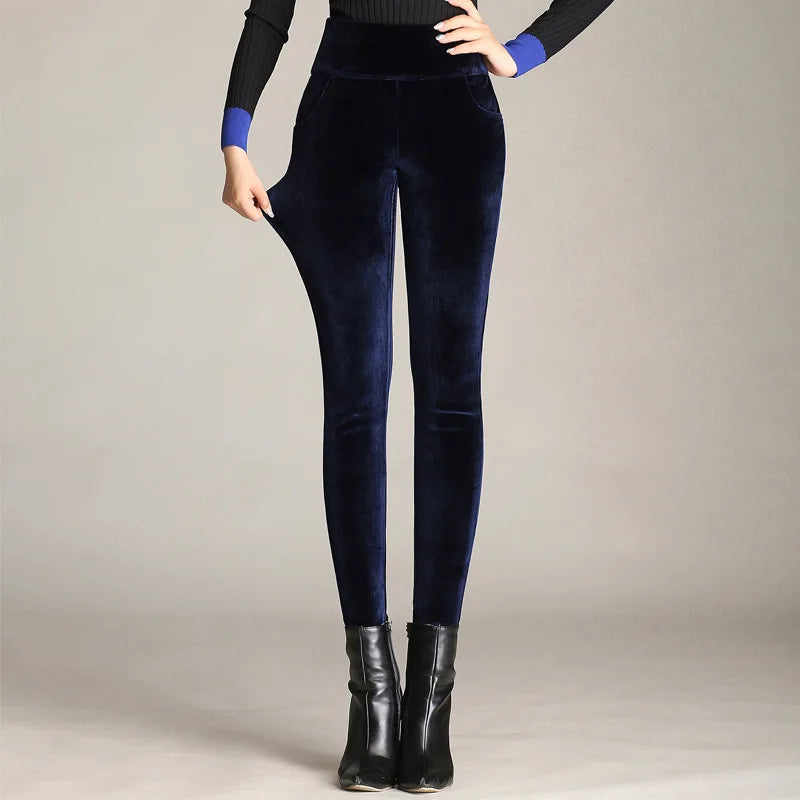 Winter Plus Velvet Skinny Leggings Women's Warm Velour Pants Plus Size 5xl High Waist Elastic Solid Casual Trousers Black Blue