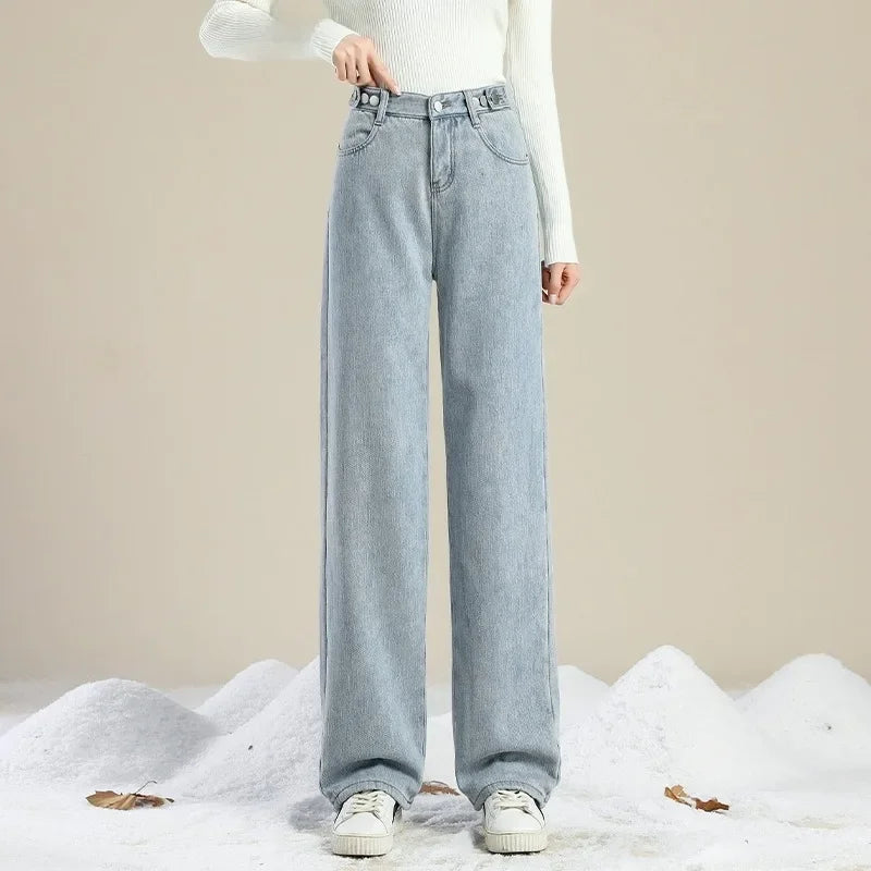 Autumn/winter Deep Color Wide-leg Fleece-lined Warm Jeans Women's Outerwear Slimming Loose-fit Straight-leg Model Pants