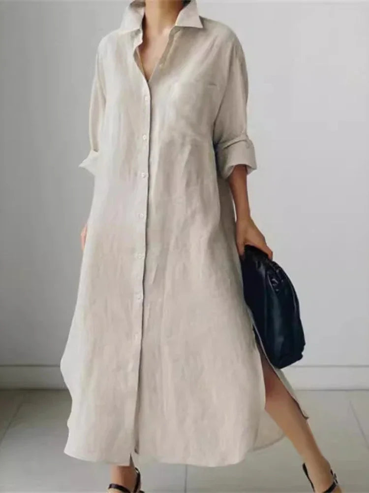 Summer Fashion New Women's Cotton Linen Dress Shirt Elegant Loose Irregular Cardigan Single Breasted Fashion Long Sleeved Dress - Seprincess