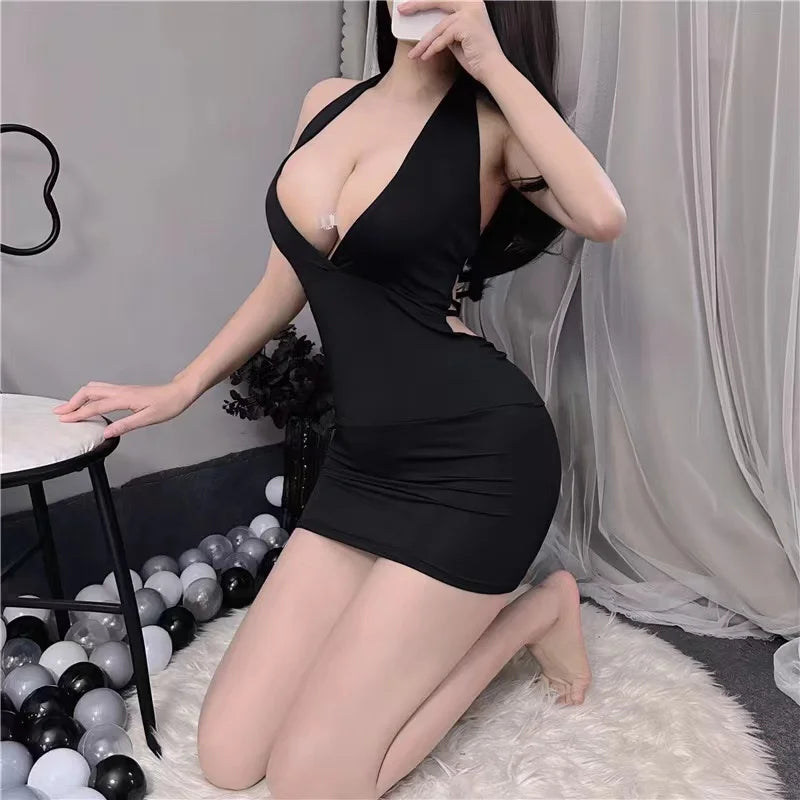 Women Sexy Halter Backless Slim V-neck Wrap Black Party Night Mini Dress - Seprincess