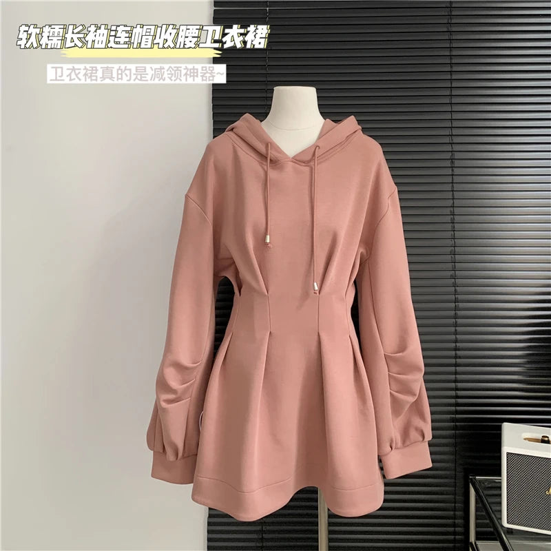 Autumn Winter Y2k Long Sleeve Midi Hoodies Dress Women 2000s Aesthetic Tunic Frocks Solid Color One-Piece Gyaru Dark Academia - Seprincess