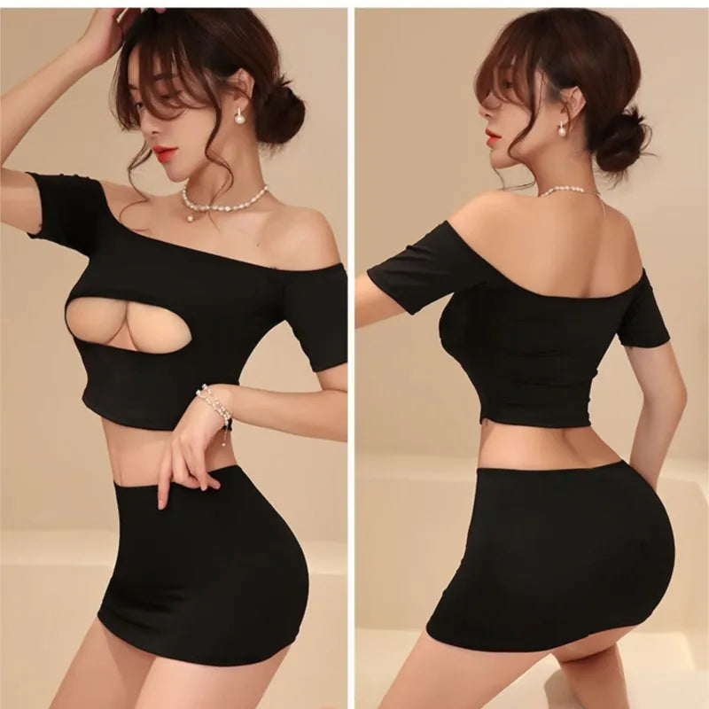 Erotic lingerie Shoulderless Temptation Deep V Bare Milk Two Piece Set women fancy underwear 18 sexy game train men tight xxx - Seprincess