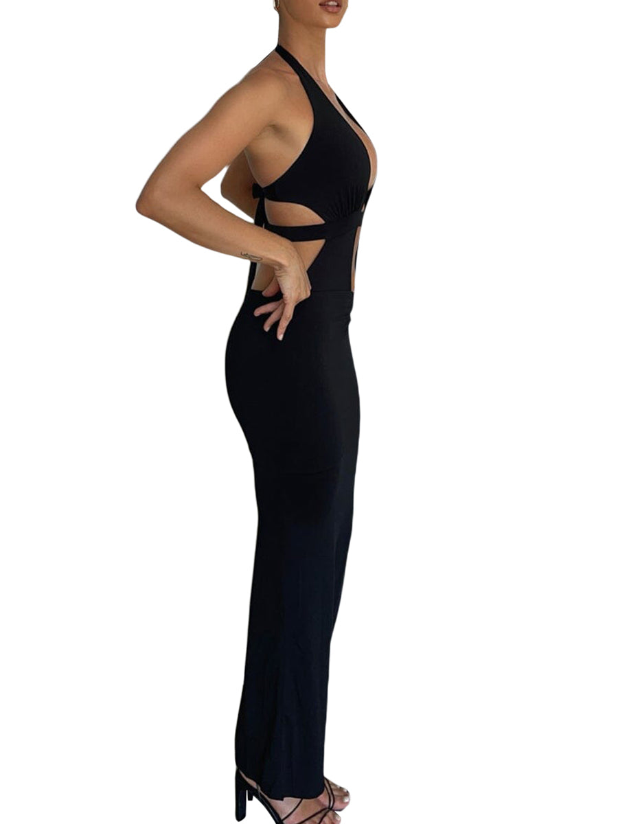 Sexy Cutout Halter Neck Backless Maxi Dress Tie-Up Black Elegant Cocktail Party Dresses for Women Clothing 2023 Autumn Fashion - Seprincess