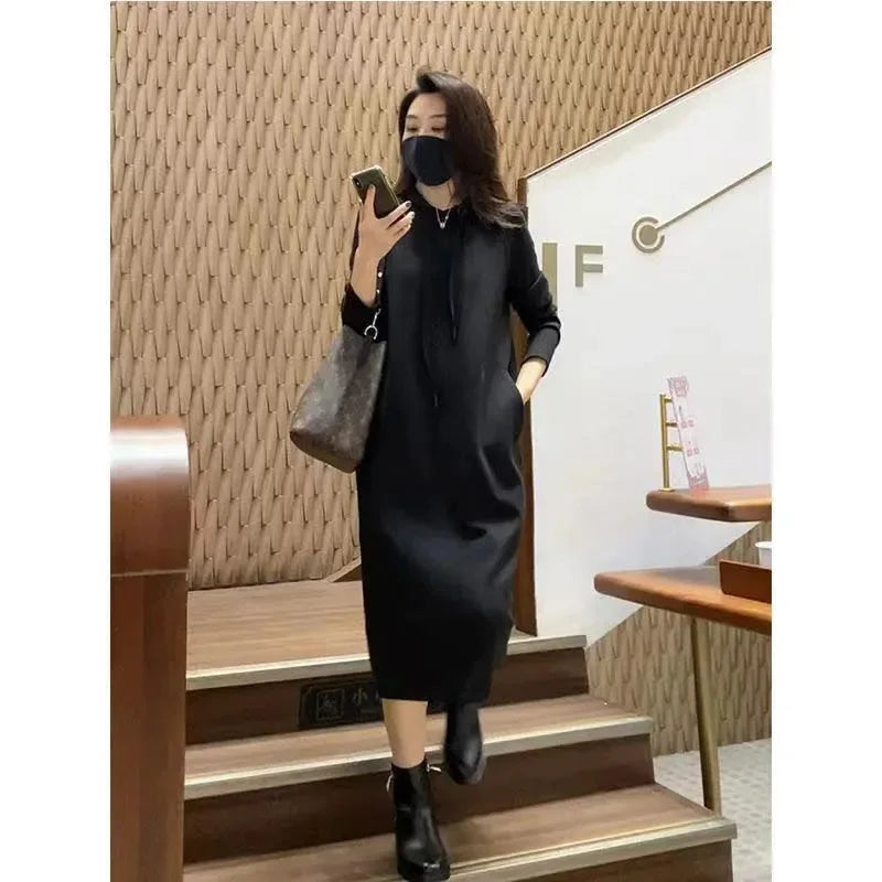 Autumn and Winter Hooded Knee Length Slimming Dress Women's Korean Version Solid Color Plus Size Slim Fit Hoodie Dress - Seprincess