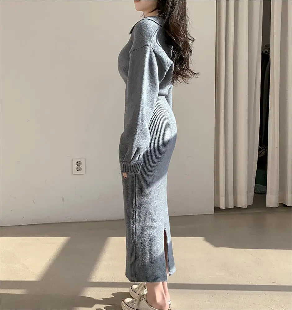 Vintage Long Sleeve V-neck Knitted Sweater Midi Dresses for Women Zipper Lapel Elegant Warm Bodycon Dresses Autumn Winter 2024 - Seprincess