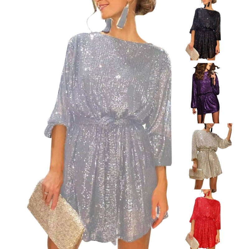 Womens Puff Long Sleeve Glitter Sequin Dress with Belt Evening Wedding Bridesmaid Sparkly Loose Fit Mini Short Dresses - Seprincess