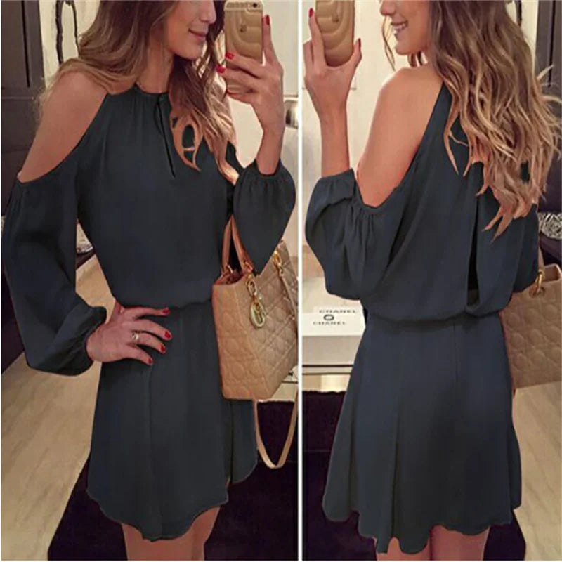 New Women Sexy Long Sleeves Casual Off Shoulder Chiffon Party Evening Club wear Short Mini Dress - Seprincess