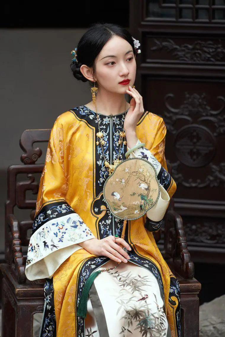 Qing Dynasty Satin Yellow Printed Cheongsam Cloak Chinese Vintage Heavy Industry Horse Face Skirt Original  Qipao Dress Modern - Seprincess