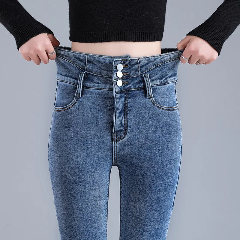 Women Thermal High Waist Jeans Winter Snow Warm Plush Stretch Jeans Lady Skinny Thicken Students Denim Pants Fleece Fur Trousers