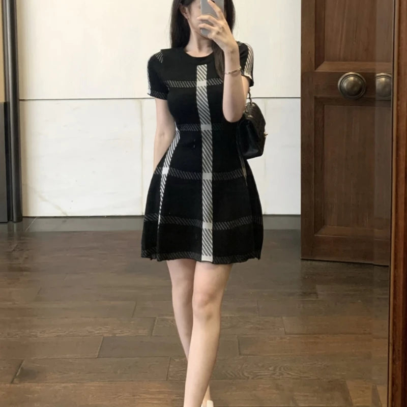 Luxury Brand Design 2024 Summer Knit Elastic Black Short Sleeve Dress For Women Fashion Mini Slim Vestidos Skirt Clothes - Seprincess