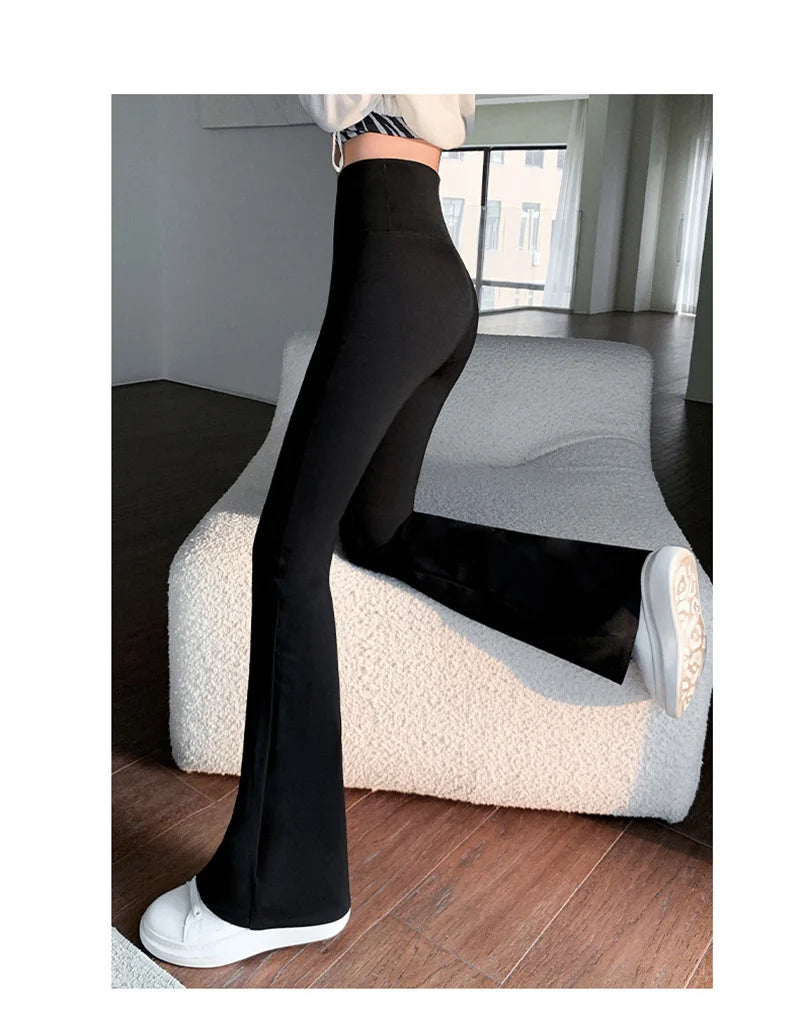 Women High Waist Flare Pants Winter Plush Warm Skinny Slimming Micro Horn Trousers Shark Pant Elegant Office Ladies Tights Y2k