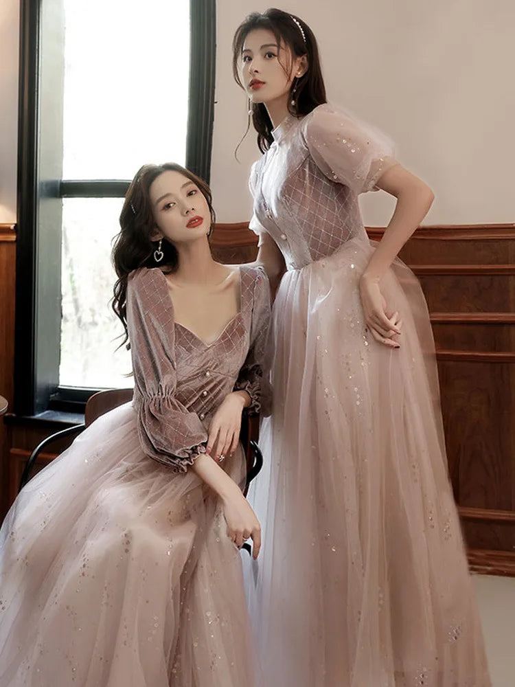 Autumn Winter Bridesmaid Dress New Women's Long Sleeve Corduroy Lace Splicing Style Dress Wedding Sisters Group Evening Dresses - Seprincess