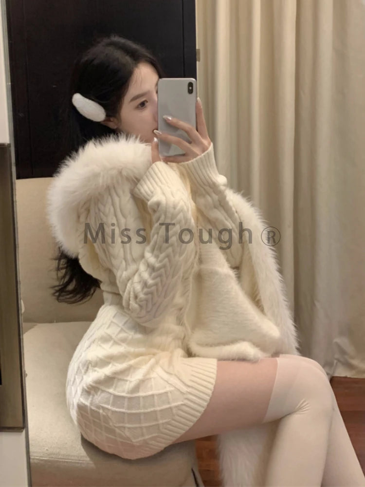 Christmas Red Elegant New Sweater Women Slim Fur Patchwork Hooded Knitted Dress Female Korean Fashion Casual Warm Clothes 2024 - Seprincess