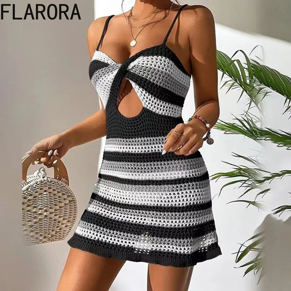 FLARORA Summer Beach Halter Knitted Mini Dress Woman Hollow Out Stripe Backless Dresses Holiday Party Sexy Bodycon Vestidos New - Seprincess