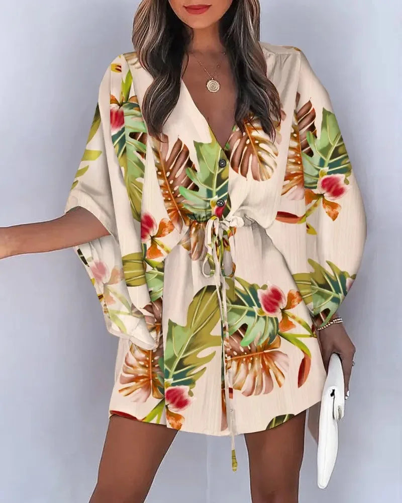 Summer Boho Mini Dress Women Flora Print Batwing Sleeve Lace-Up V Neck Loose Button Dresses Ladies Beach Party Dress Vestido - Seprincess