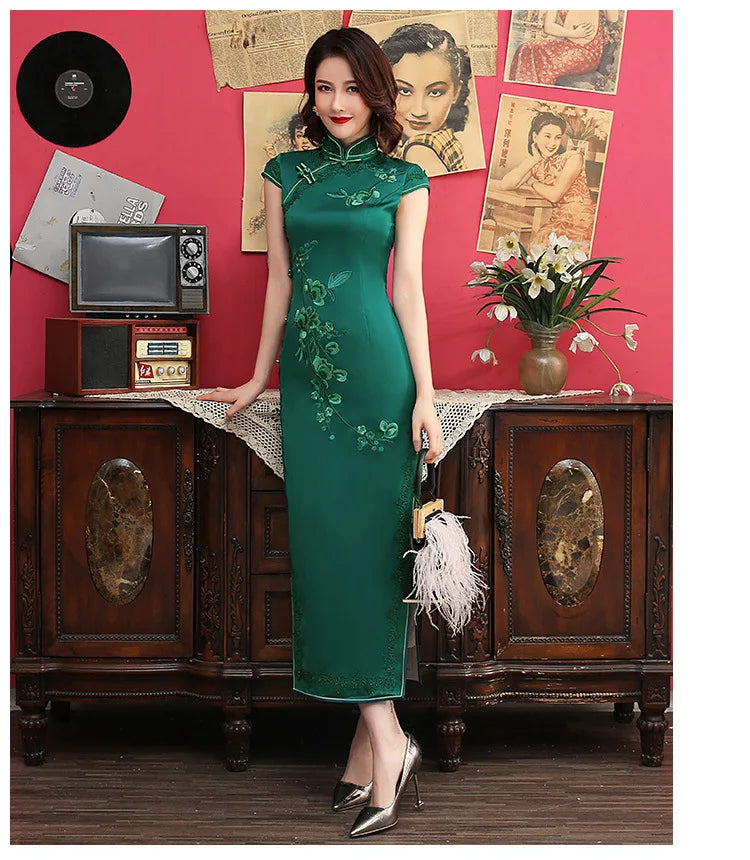 Silk Embroidered Long Cheongsam 2023 New Lace Edge Improved Qipao Chinese Style Evening Dresses Woman Ceremony Dress - Seprincess