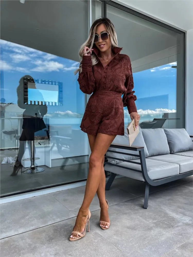 Elegant Lace 2 Piece Sets Women Outfit Summer Autumn Long Sleeve Shirts & Casual  Shorts Set Office Holiday Outfits Beach Wear - Seprincess