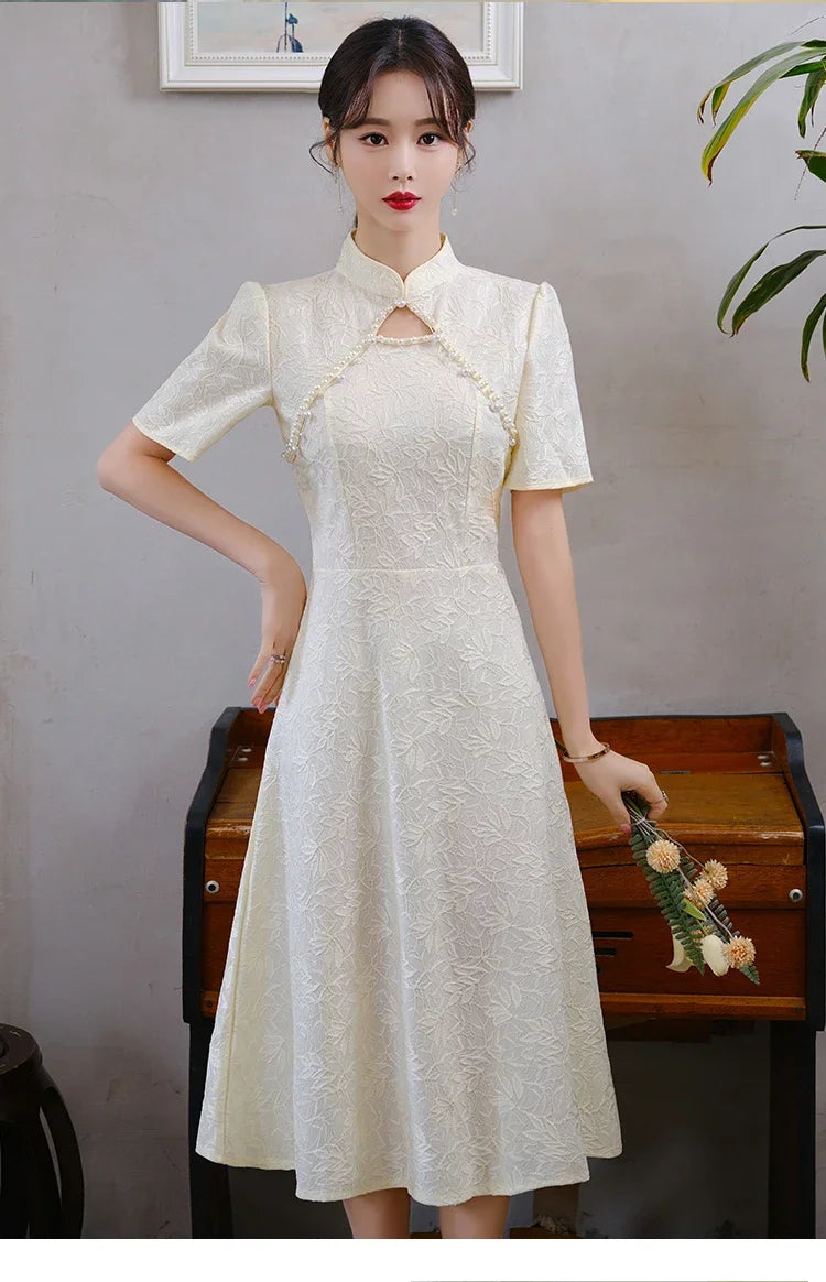 Summer New Retro Short Sleeve Wedding Lace Cheongsam Chinese Traditional Modern Women Qipao Dress - Seprincess