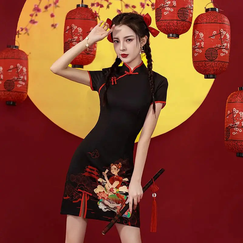 2024 Spring Cheongsam Traditional Chinese Qipao Costume Trendy Short Vintage Dress Sexy Women Modern New Year Dresses New - Seprincess