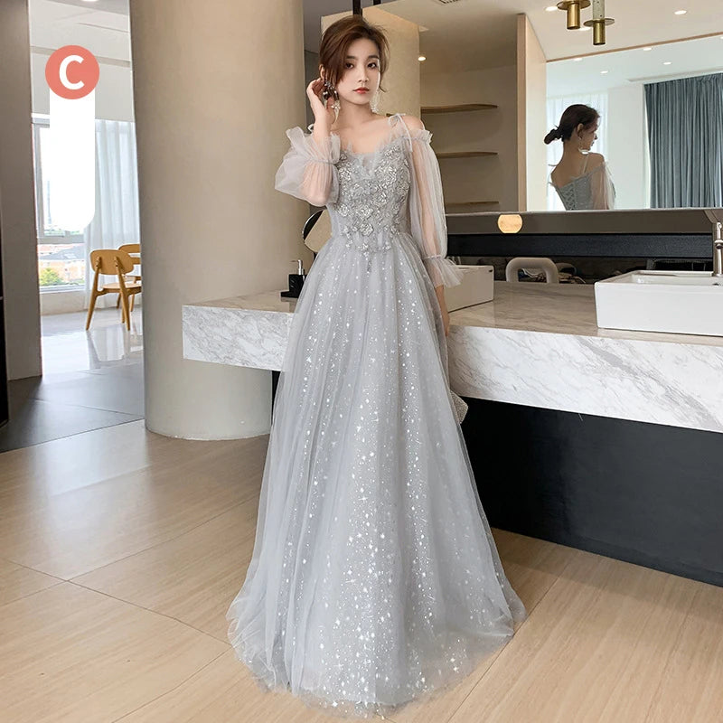 Grey Bridesmaid Dresses Elegant Women Applique Off The Shoulder Floor Length Tulle Wedding Party Dress Formal Prom Gowns - Seprincess