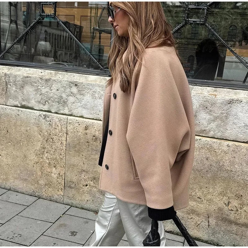 Chic Solid Single Breasted Women Woolen Coat Elegant Lapel Long Sleeve Loose Coats Female Fashion Autumn Warm Streetwear 2024 - Seprincess