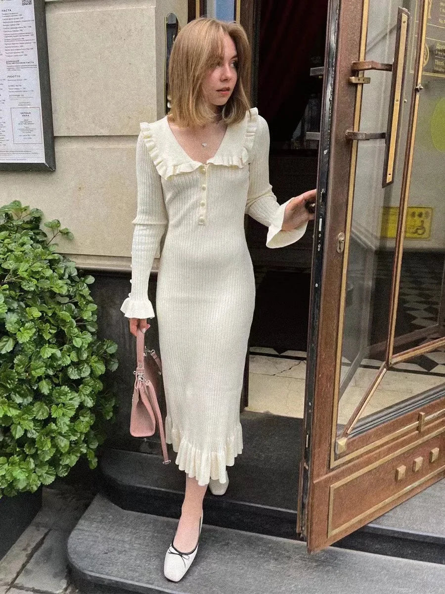 2024 High Waist Ruffled Maxi Dresses For Women Autumn Winter Knitted Slim Long Dress Women's Vintage Dress Woman Retro Elegant - Seprincess