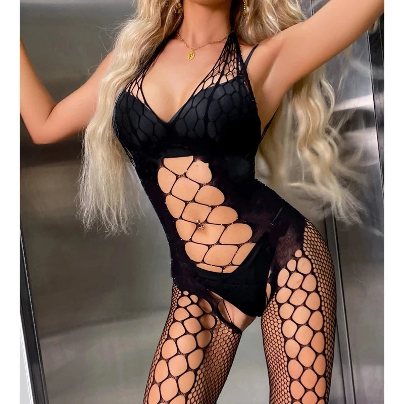 2022 New Sexy Women Fishnet Open Crotch Catsuit Mesh Tights Lingerie Erotic Bodysuit Sleepwear Crotchless Jumpsuit Teddies