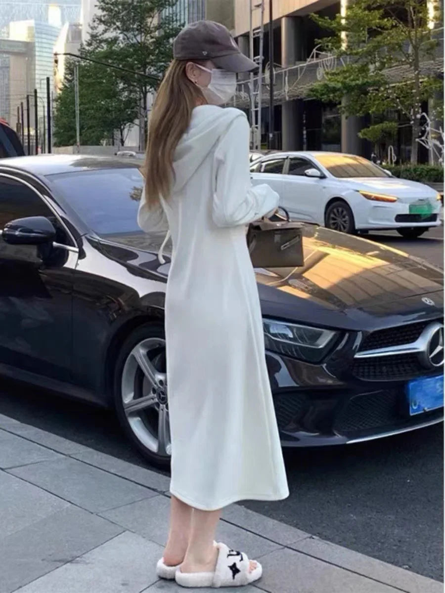 Autumn Collection 2023 New Arrival Women's Long Sleeve Hooded Sweatshirt White High-end Feel Petite Dress - Seprincess