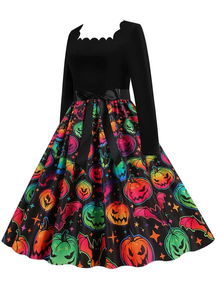 Halloween Dress For Women Square Collar Long Sleeve Print Vintage Evening Party Elegant 50s 60s Robe Midi Sundress