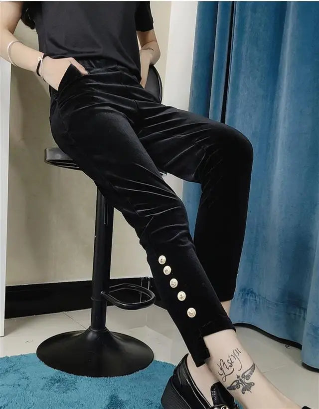 Casual Women's Solid Color Straight Cropped Pants Autumn Winter Fashion High Waist Elastic Chic Button Asymmetrical Trousers New