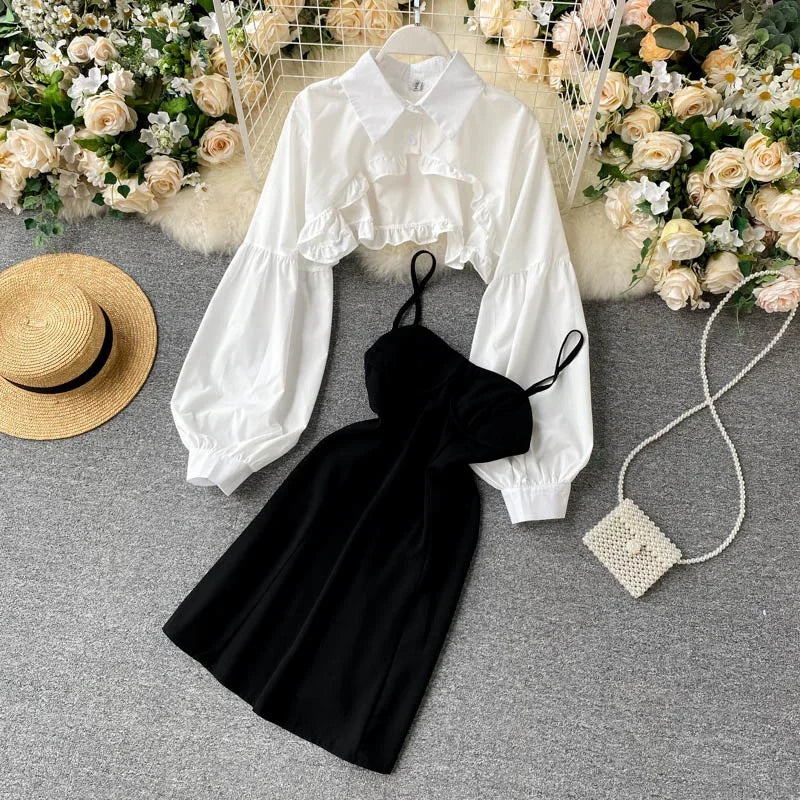 Autumn Women Sexy Black Spaghetti Strap Dress and White Long Sleeve Blouses Crop Tops Korean Fashion Mini Vestidos - Seprincess