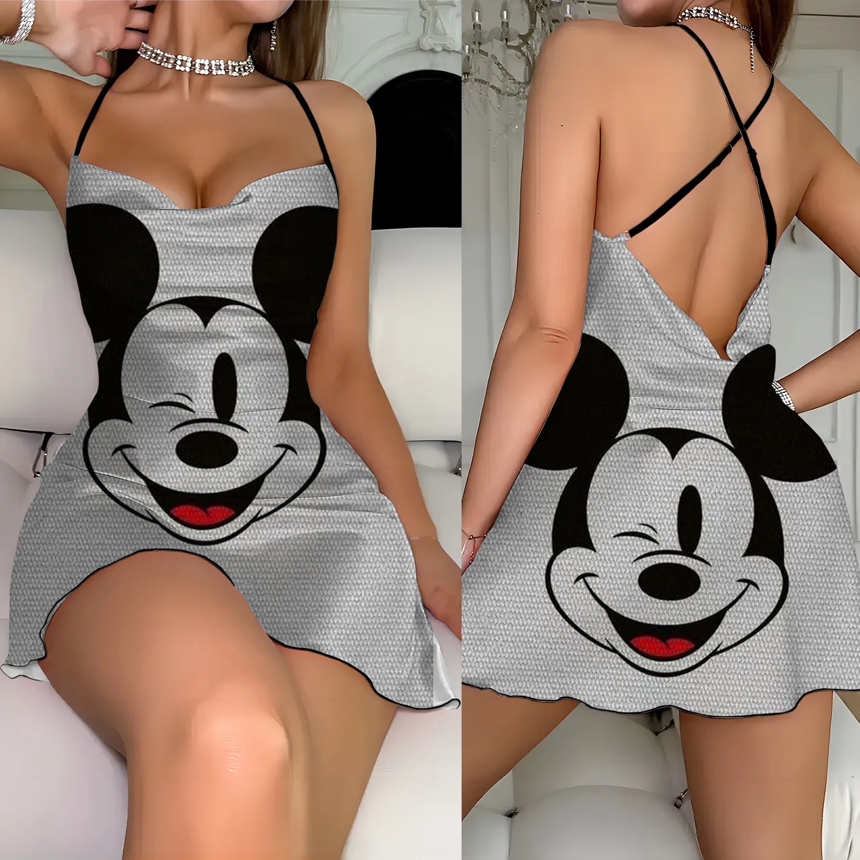 Backless Dress Mickey Elegant Dresses for Women Disney Lettuce Trim Crew Neck Minnie Mouse Fashion Summer 2024 Neck Slip Dress - Seprincess