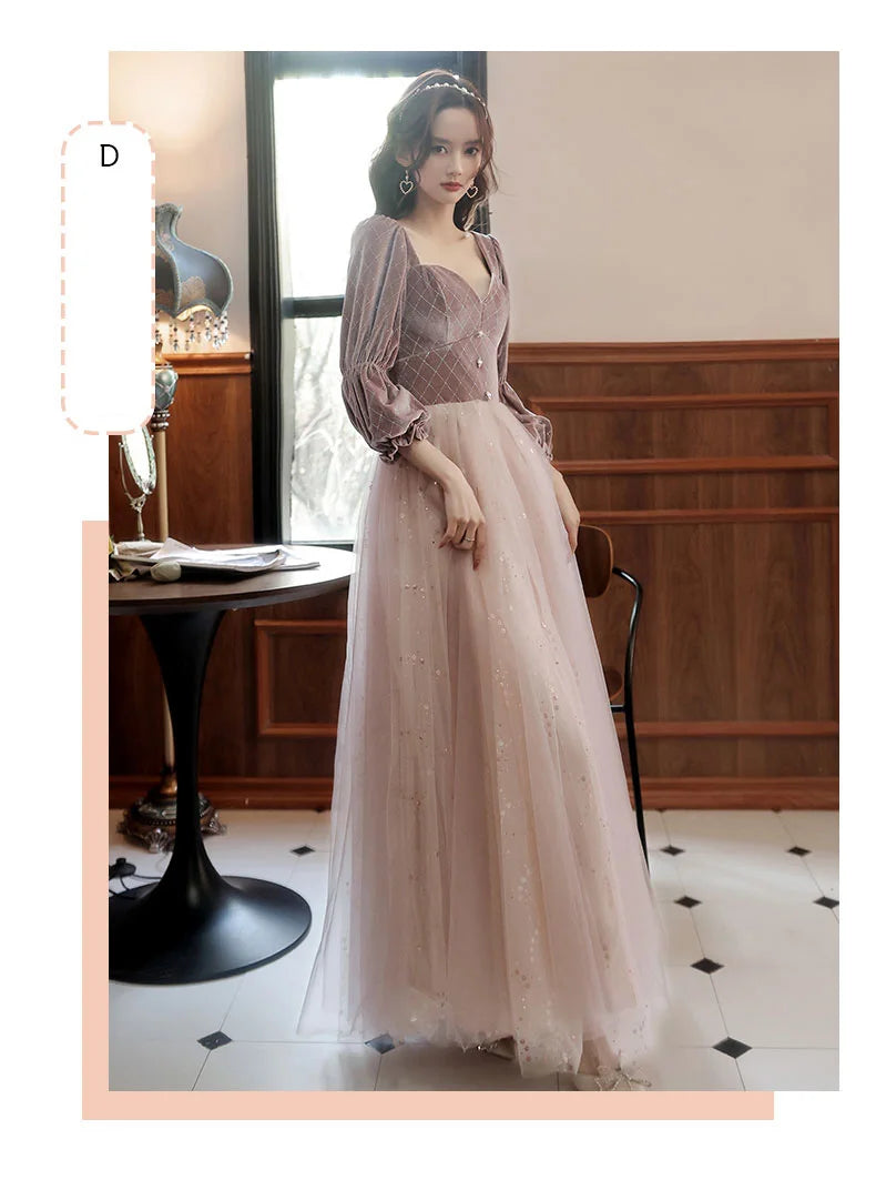 2022 New 4 Styles Bridesmaid Dress Bow Retro Elegant Long-sleeved Chic Temperament Long Evening Dress For Wedding Women Guest