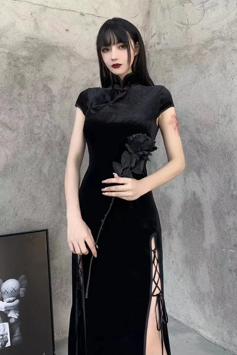 Vintage Black Gothic  Bandage Dress Sexy Cheongsam High Split Velvet Dress Spring Retro Long Qipao Women Aesthetic Dresses - Seprincess