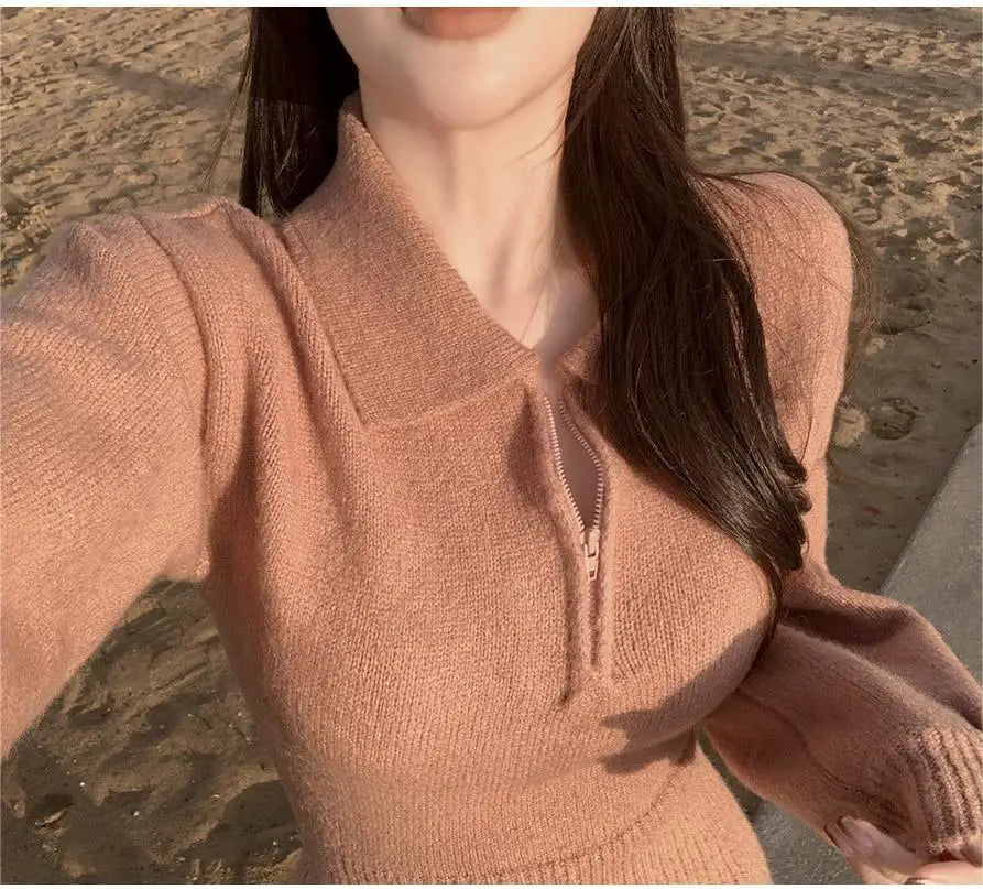 Vintage Long Sleeve V-neck Knitted Sweater Midi Dresses for Women Zipper Lapel Elegant Warm Bodycon Dresses Autumn Winter 2024