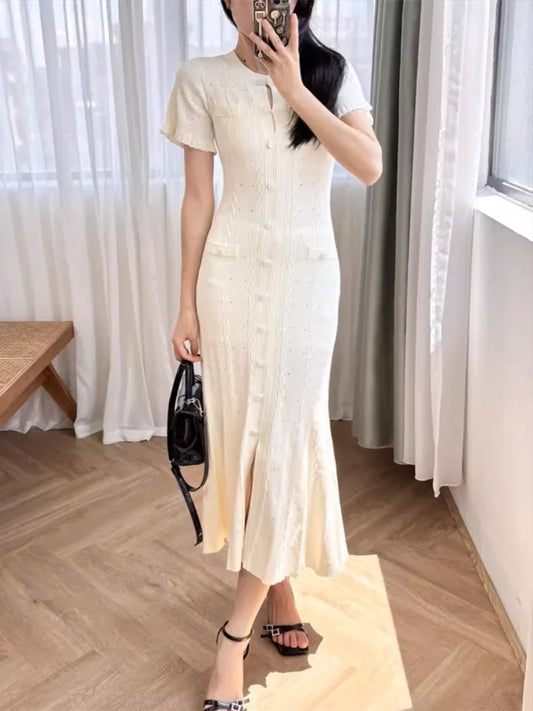 White Hollow Knitted Dress Women 2024 Summer Temperament Short Sleeve Elegant Slim Bodycon Party Dress - Seprincess