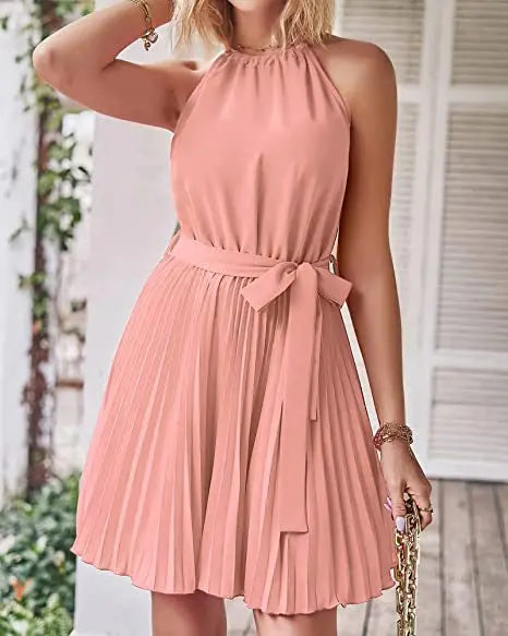 2023 Summer Short Pleated Dress Women Halter Dress Ladies Sleeveless A Line Party Dress For Women - Seprincess