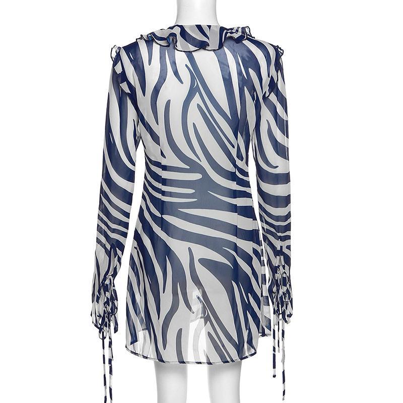 Zebra-Striped Long Sleeve Mini Beach Dress Holiday Casual Party Ruffle Collar Tie Up Short Dress Women Sexy A-Line Dress - Seprincess