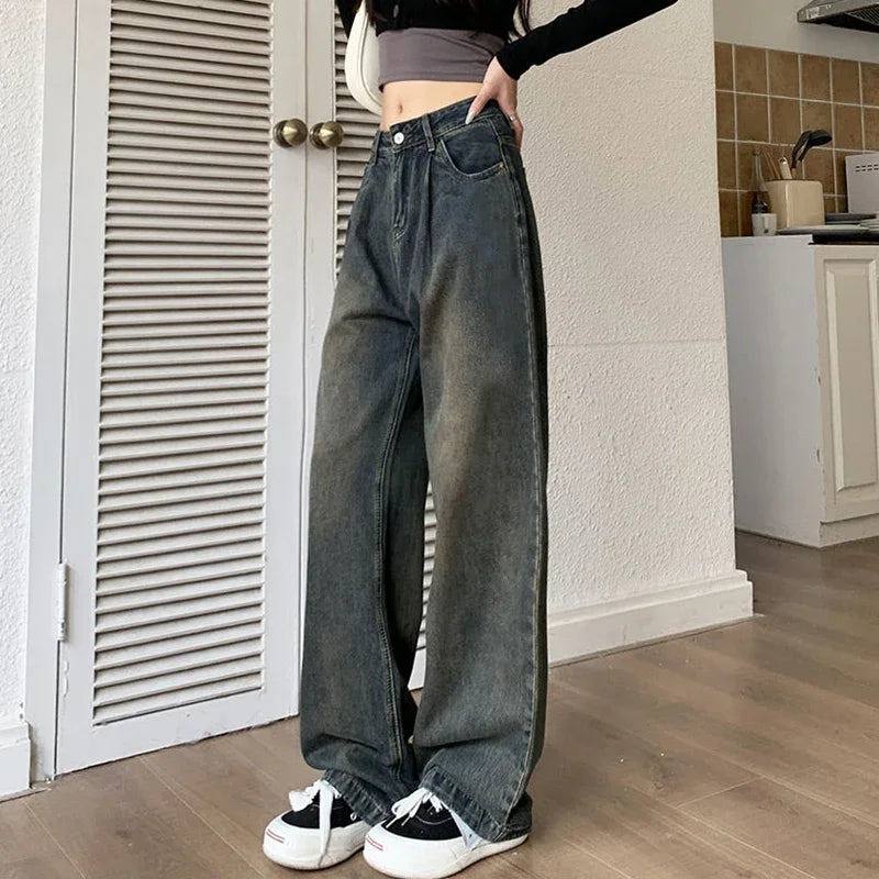 2024 Woman High Waist Vintage Baggy Jeans Lady Streetwear Wide Leg Pants Female Fashion Gray Blue Grey Light Blue Denim Trousers