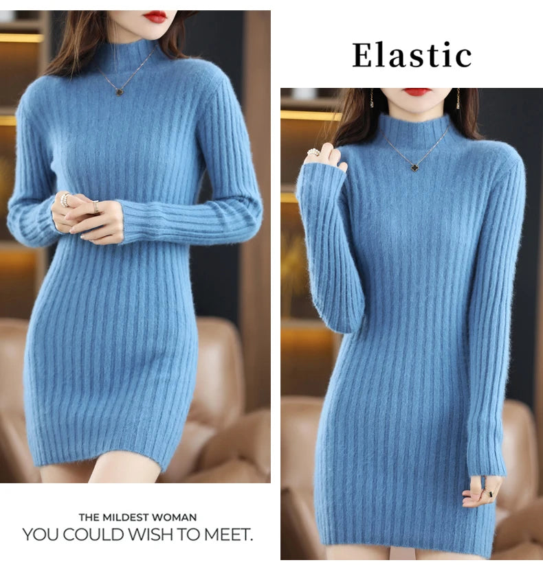 Women's High Collar Winter Warm Long Sleeve Solid Mink Cashmere Korean Version Loose Luxury Soft Cashmere Knitted Fit Dress - Seprincess