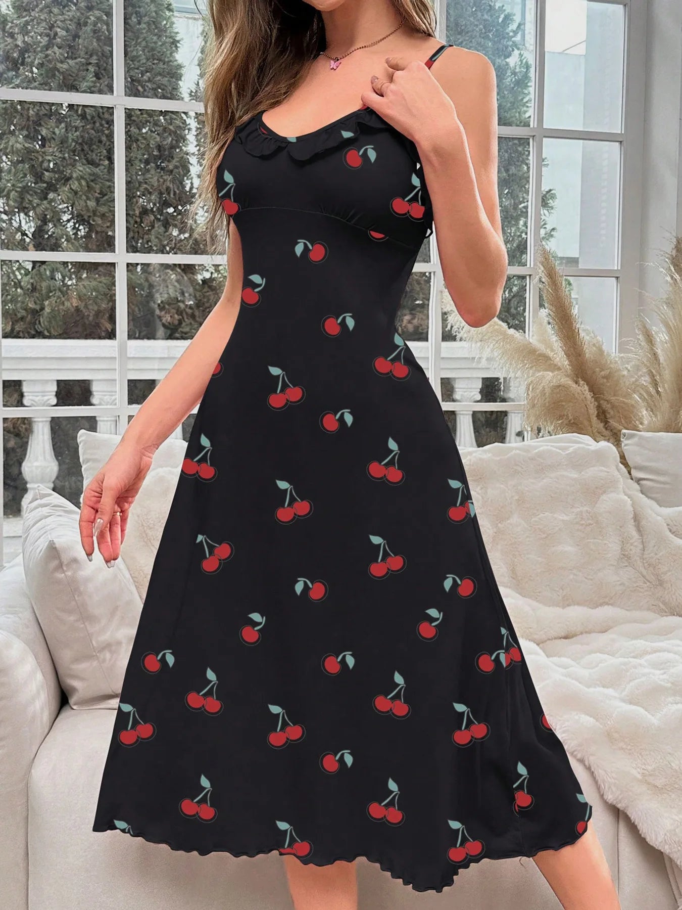 Cross-border foreign trade cherry print medium and long dress, nightdress, sexy and comfortable loungewear women - Seprincess