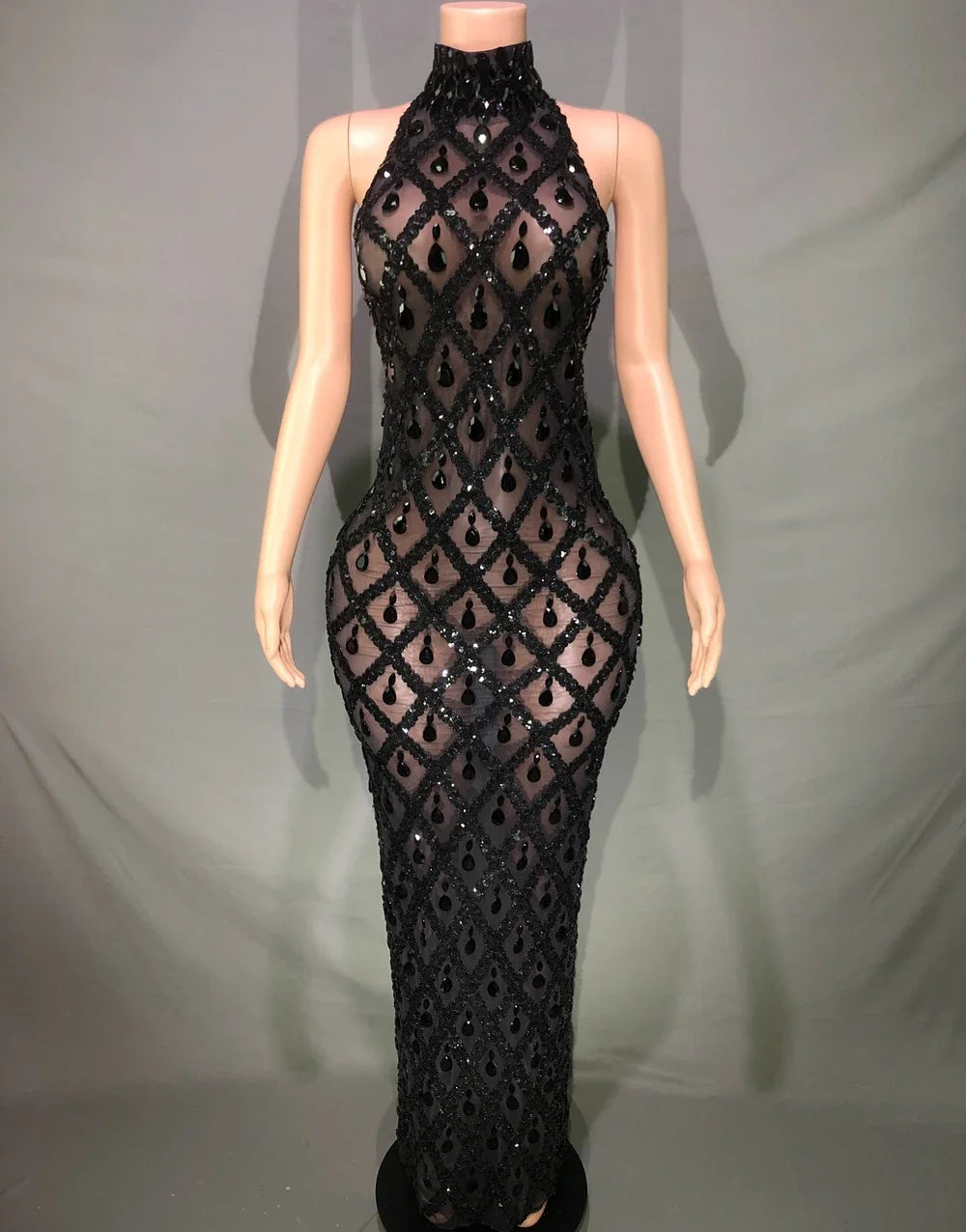 Sparkly Rhinestones Sleeveless Long Dress Elegant Dark Mesh Celebrate Evening Wedding Prom Gown Birthday Dress Photograph Wear - Seprincess