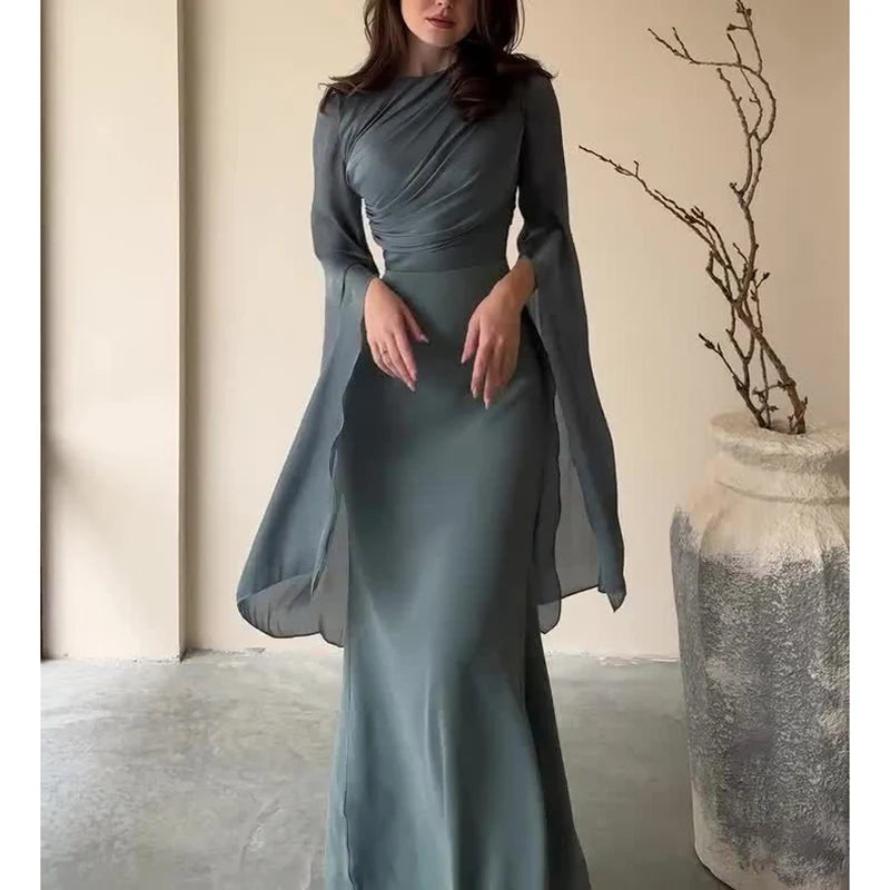 Fashion Satin Solid Robe Dress Ladies Temperament O-neck Slim Evening Dress Elegant Batwing Sleeves High Waist Pleats Long Dress - Seprincess