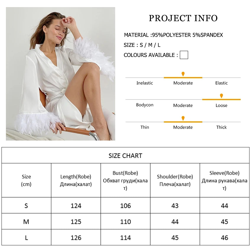 Hiloc Flare Sleeves Feather Robes With Fur White Wedding Sexy Robes Women Dresses Satin Bathrobe Female Sleepwear Fashion 2024 - Seprincess