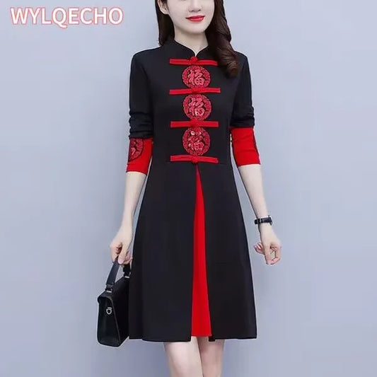 Women's Autumn New Red Festive Dress Slim Retro Improved Cheongsam Chinese Traditional Qipao Dress Plus Size M-5XL - Seprincess