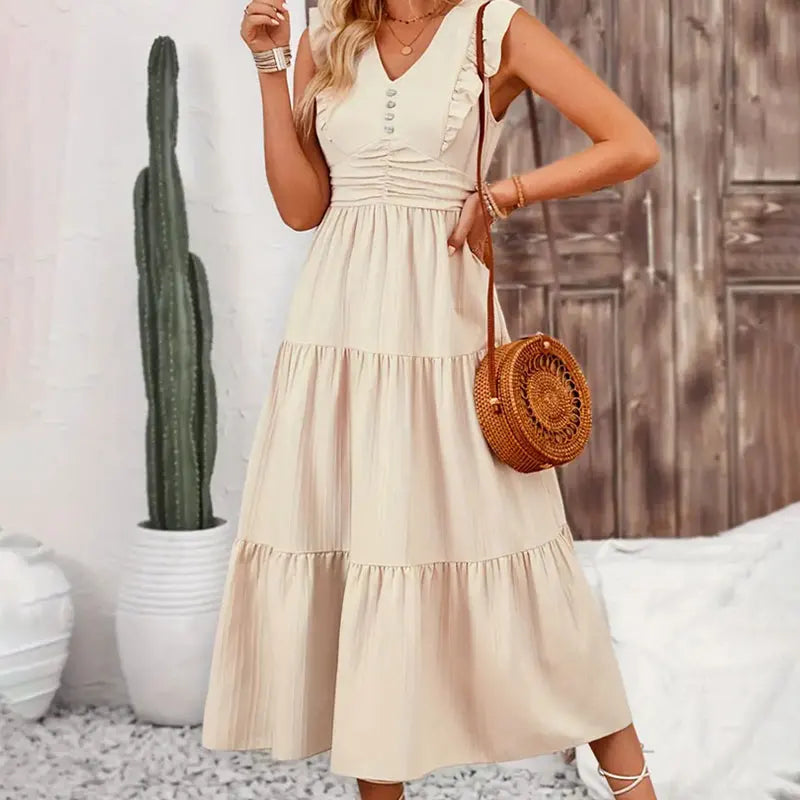 Y.KUKU Brand Long Dress Women Casual Slim Fit Summer Sleeveless High Waist V Neck Jacquard A-line Dresses Vacation Vestidos - Seprincess